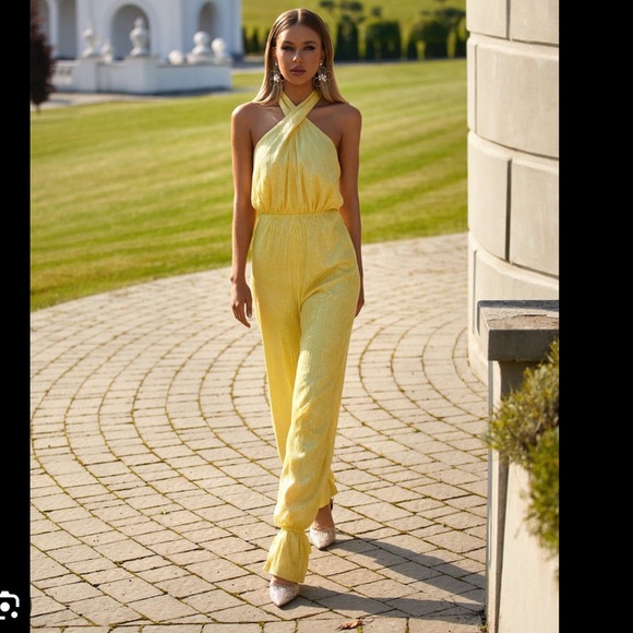 Alamour the label Solange Yellow Sequin Palazzo Jumpsuit
